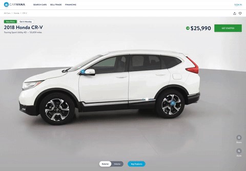 A 2018 Honda CR-V listing on Carvana, shown in side view and priced at $25,990