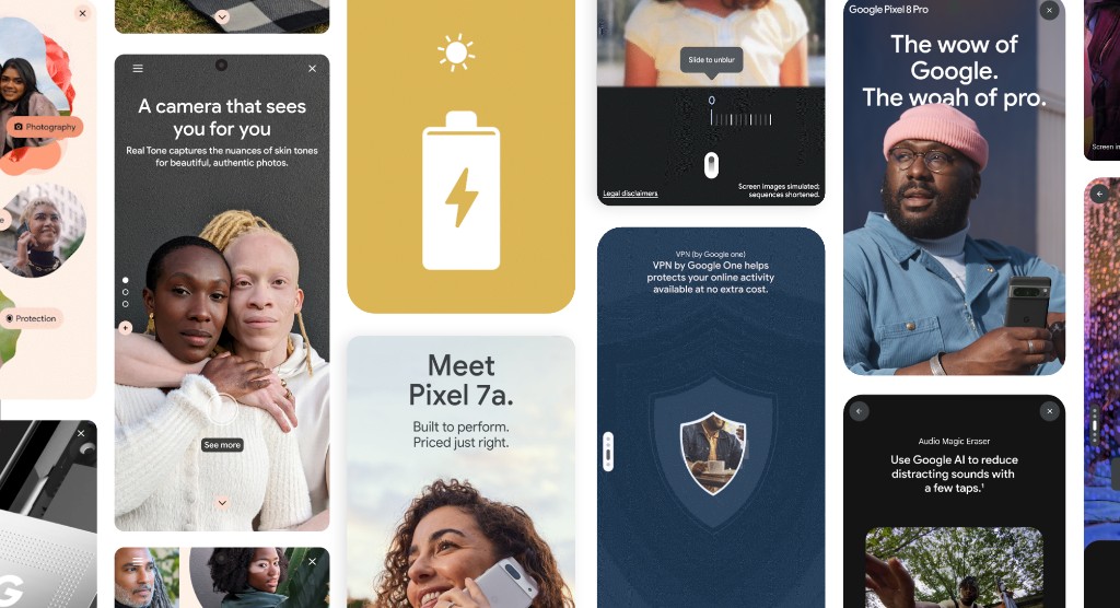 A collage of Pixel in-store demo screens, including Real Tone, battery life, Pixel 7a, VPN by Google One, and Pixel 8 Pro